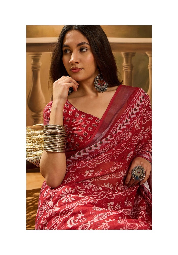 Malishka Export ساري هندسي من الكتان القرمزي للنساء - Image 4
